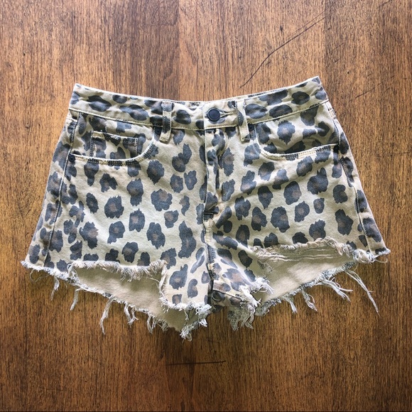 Blanc NYC Cheetah Cut-Off Denim Shorts - Picture 1 of 10